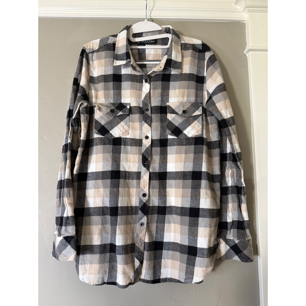 Volcom Womens Plaid Flannel Button Down Shirt Beige Black Grey B0541600